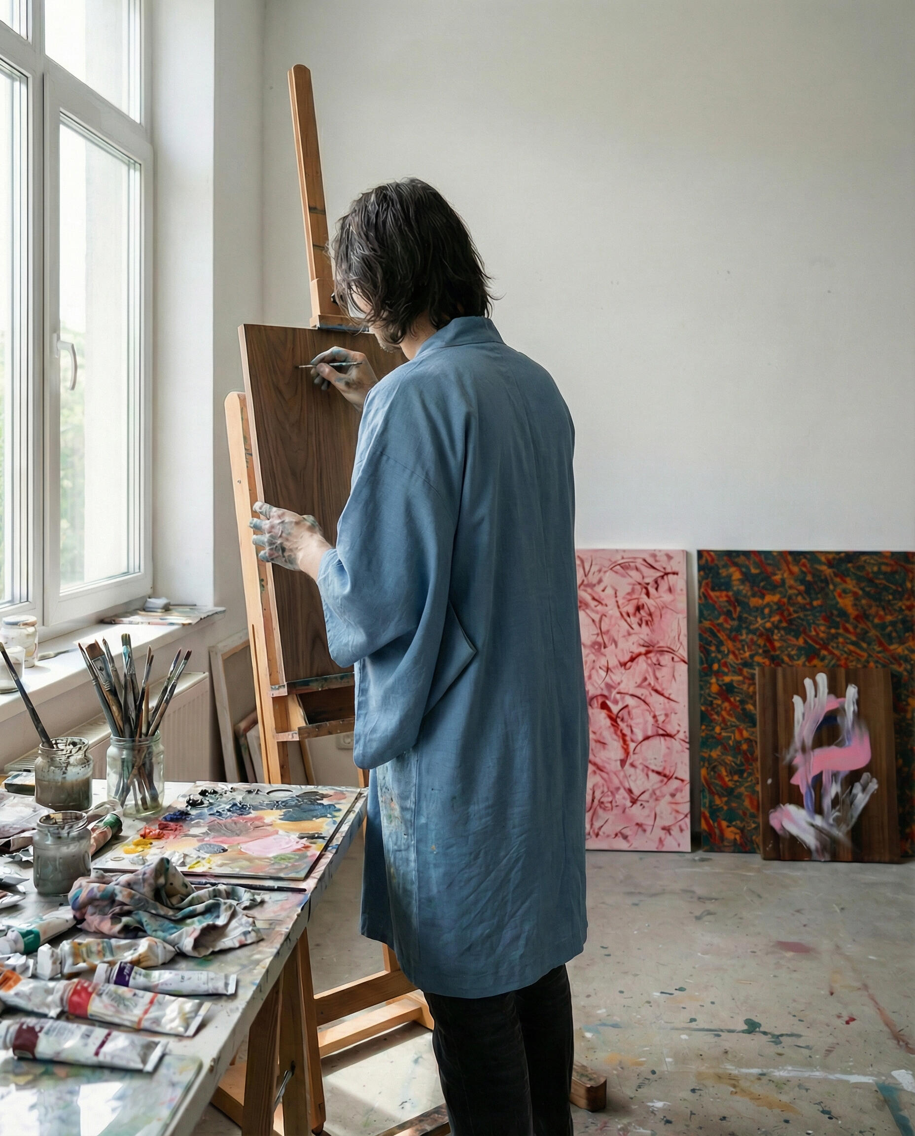 Iskander Ilz. working in his studio on new a walnut veneer panel. new abstract painting in the works.